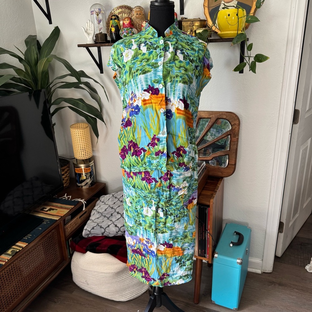 Vintage 90’s Clio Mandarin Collar Impressionist Floral Button down & Skirt Set